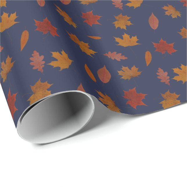 Autumn Leaves Photographic on Blue Custom Colour Wrapping Paper (Roll Corner)