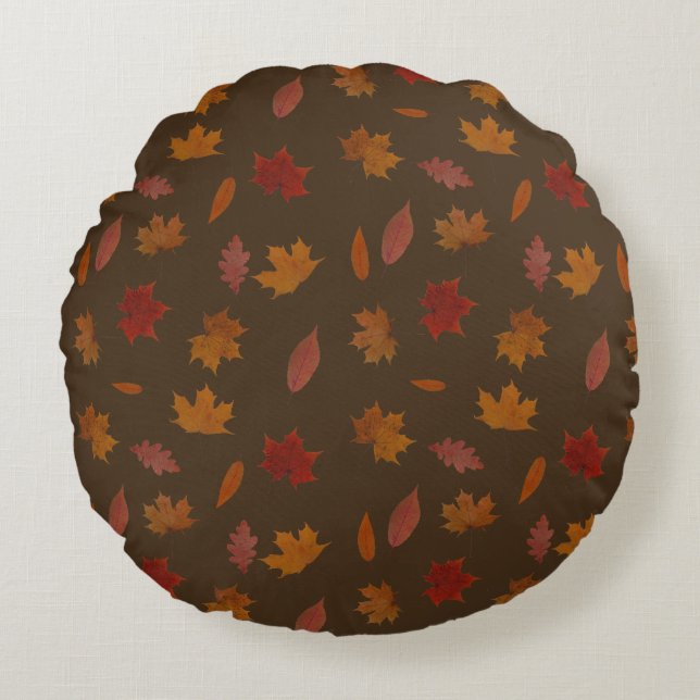 Autumn Leaves Photographic on Brown Custom Colour Round Cushion (Front)