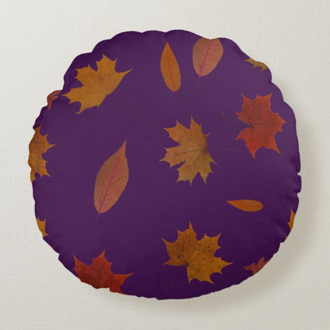 Autumn Leaves Photographic on Custom Colour Round Cushion (Front)