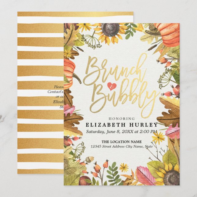 Autumn Leaves Pumpkin Brunch Bubbly Bridal Shower Invitation (Front/Back)