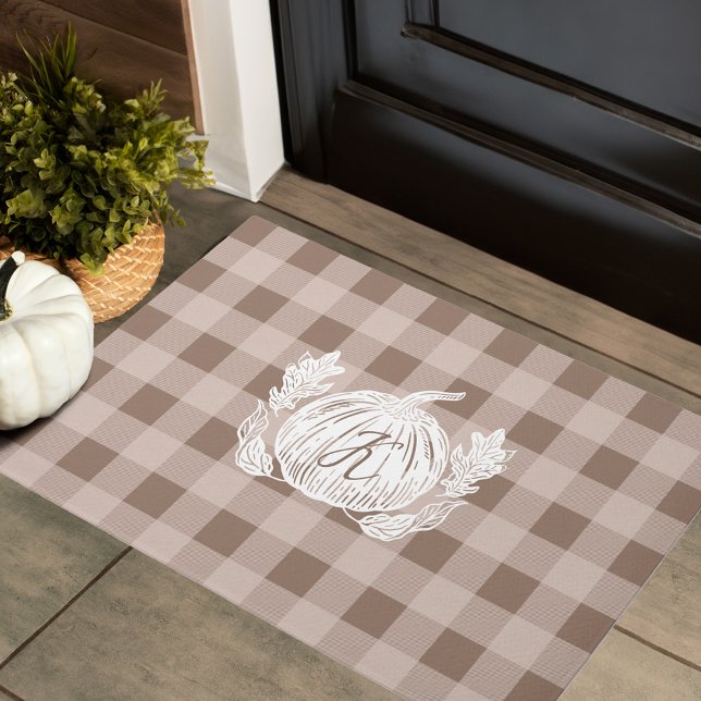  Autumn Leaves Pumpkin Custom Monogram Taupe Plaid Doormat (Autumn Leaves Pumpkin Custom Monogram Taupe Plaid Doormat)