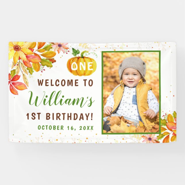Autumn Leaves Pumpkin Fall  Birthday Photo Welcome Banner (Horizontal)