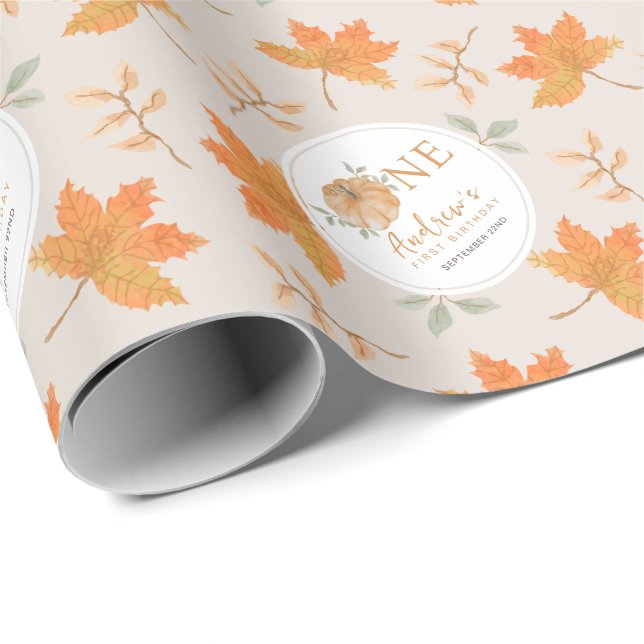 Autumn Leaves Pumpkin Fall Pattern First Birthday Wrapping Paper (Roll Corner)