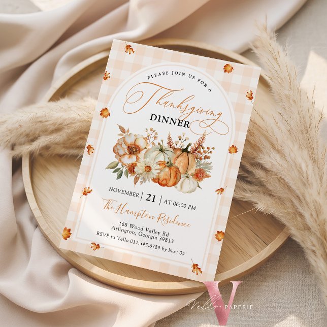 Autumn Leaves Pumpkin Gingham Thanksgiving Party Invitation (Creator Uploaded)