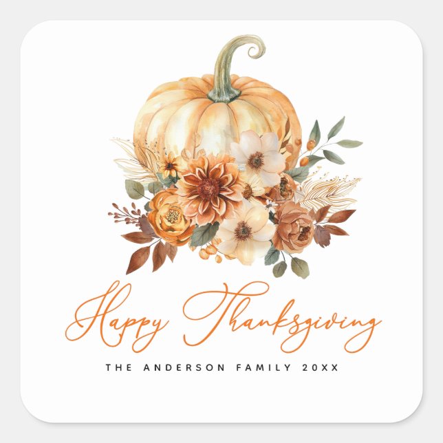 autumn leaves pumpkin happy thanksgiving square sticker (Front)
