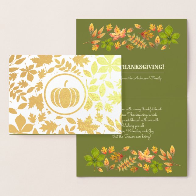 Autumn Leaves & Pumpkin Luxury Thanksgiving Real Foil Card (Display)