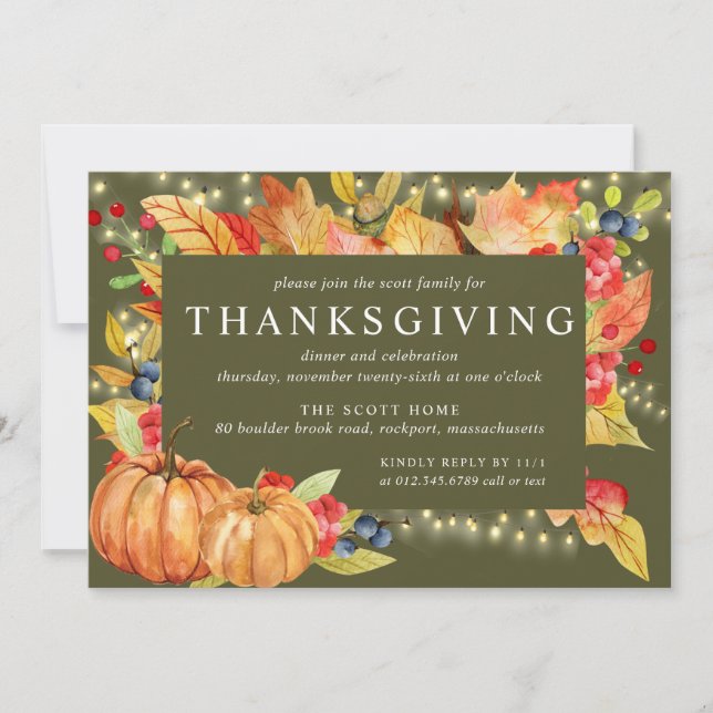 Autumn Leaves Pumpkin String Lights Thanksgiving I Invitation (Front)