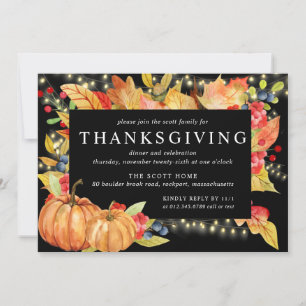 Autumn Leaves Pumpkin String Lights Thanksgiving Invitation