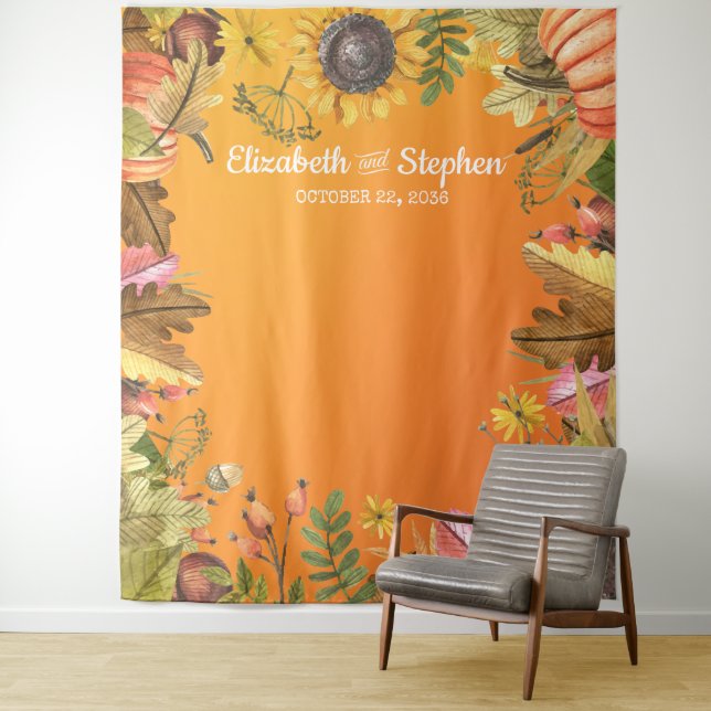 Autumn Leaves Pumpkin Wedding Photo Booth Backdrop Tapestry (In Situ)