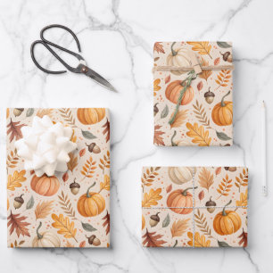 Autumn Leaves Pumpkins Acorns Fall Colours Wrapping Paper Sheet