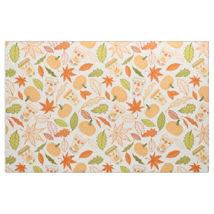 Autumn Leaves, Pumpkins and Coffee Cups Fabric