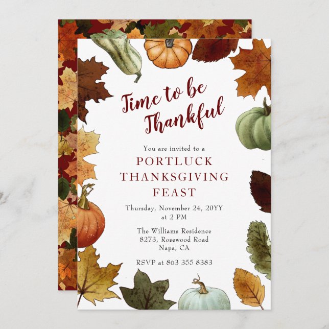 Autumn Leaves Pumpkins Frame Thanksgiving Dinner Invitation (Front/Back)