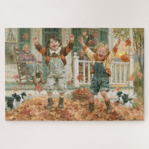 Autumn Leaves Pumpkins Kids Nostalgic Painting Jigsaw Puzzle
