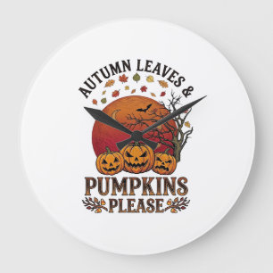 Autumn Leaves Pumpkins Please Halloween Bats Trees Large Clock