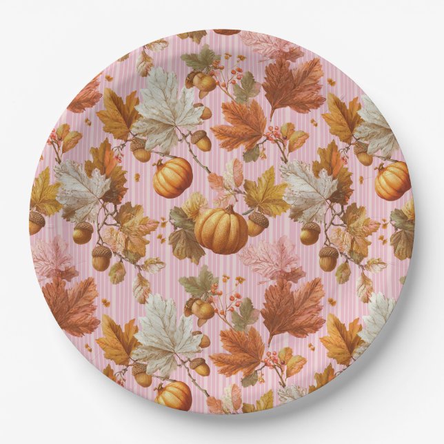 Autumn Leaves & Pumpkins Seamless Pattern Paper Plate (Front)