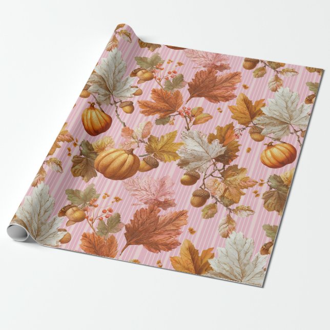 Autumn Leaves & Pumpkins Seamless Pattern Wrapping Paper (Unrolled)