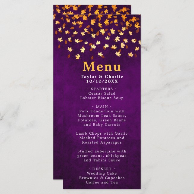 Autumn Leaves Purple and Gold Wedding Menu (Front/Back)