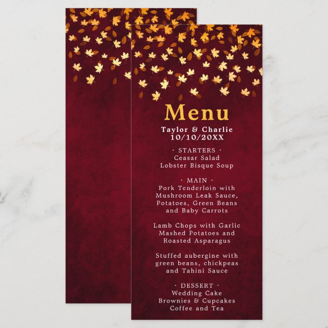 Autumn Leaves Red and Gold Wedding Menu (Front/Back)