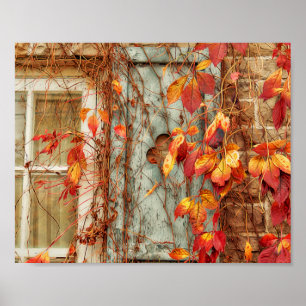Autumn Leaves Red Orange Country Antique Window Poster