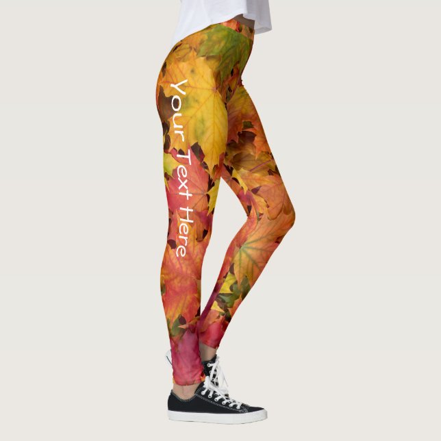 Autumn Leaves Red Yellow Gold Custom Text Leggings (Right)
