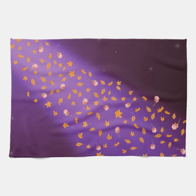 Autumn Leaves & Roses Blue Tea Towel  (Horizontal)