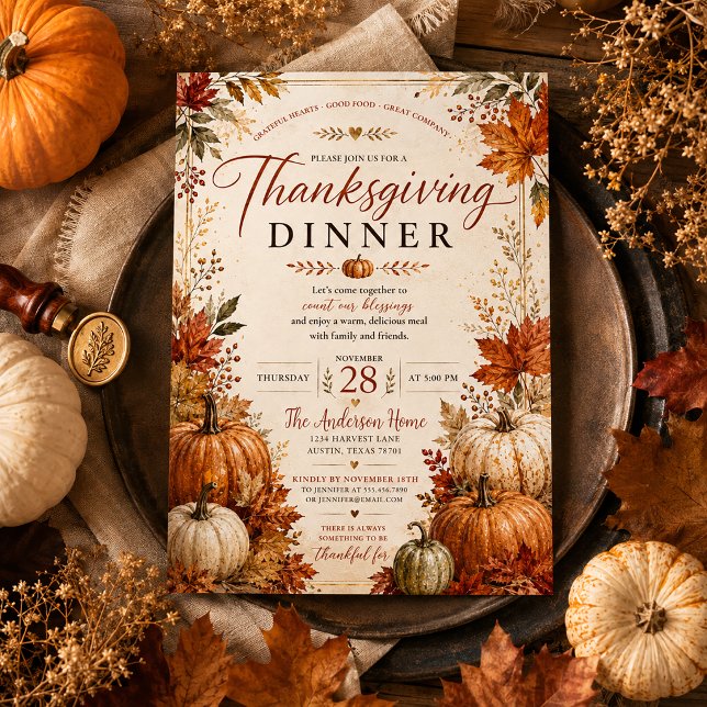 Autumn Leaves Rustic Fall Pumpkins Thanksgiving Invitation (Creator Uploaded)
