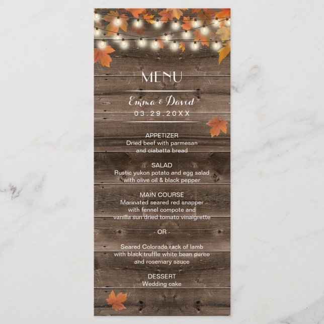 Autumn Leaves Rustic Fall Wedding Menu (Front)