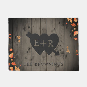 Autumn Leaves Rustic Wood Romantic Hearts Initials Doormat