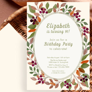 Autumn Leaves Sage Green 91st Birthday Invitation