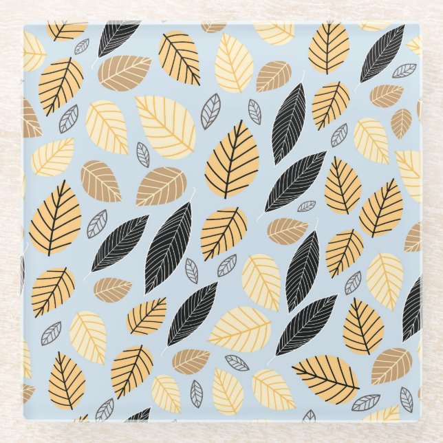 Autumn Leaves: Seamless Blue Background Glass Coaster (Front)