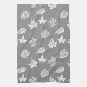 Autumn leaves - silver grey and white tea towel