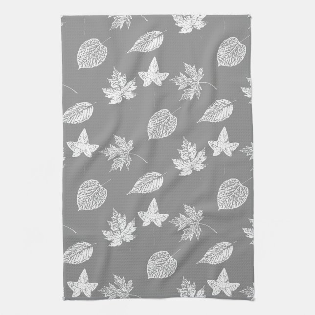 Autumn leaves - silver grey and white tea towel (Vertical)