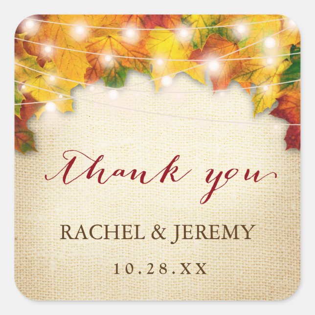 Autumn Leaves String Light Thank You Wedding Favou Square Sticker (Front)