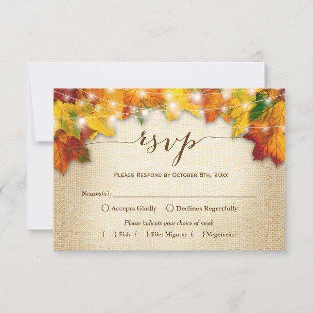 Autumn Leaves String Lights Burlap Wedding RSVP (Front)