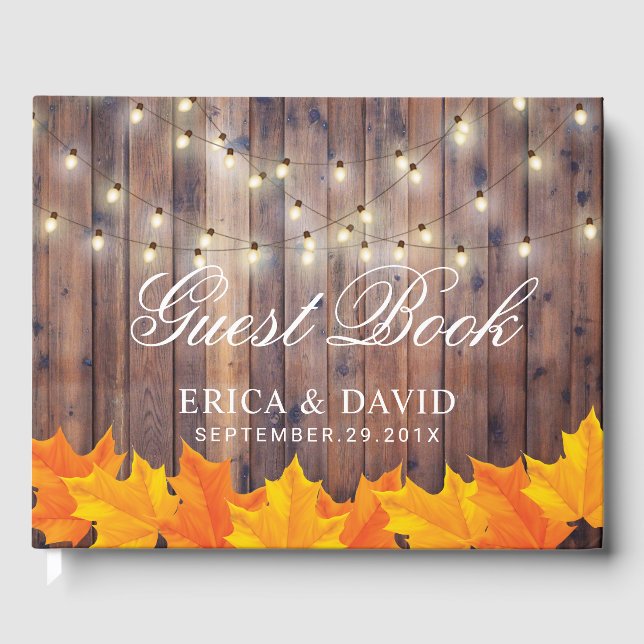 Autumn Leaves String Lights Rustic Barn Wedding Guest Book (Front)