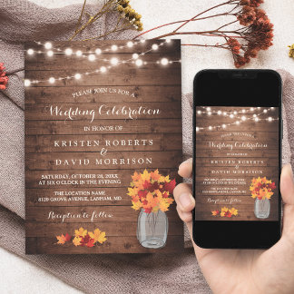 Autumn Leaves String Lights Rustic Fall Wedding Invitation