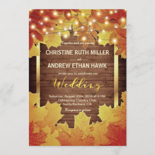 Autumn Leaves String Lights Rustic Fall Wedding Invitation