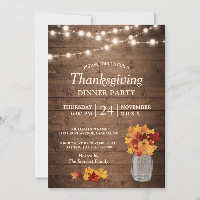 Autumn Leaves String Lights Thanksgiving Dinner Invitation (Front)