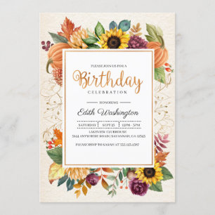 Autumn Leaves Sunflower Fall Birthday Invitation