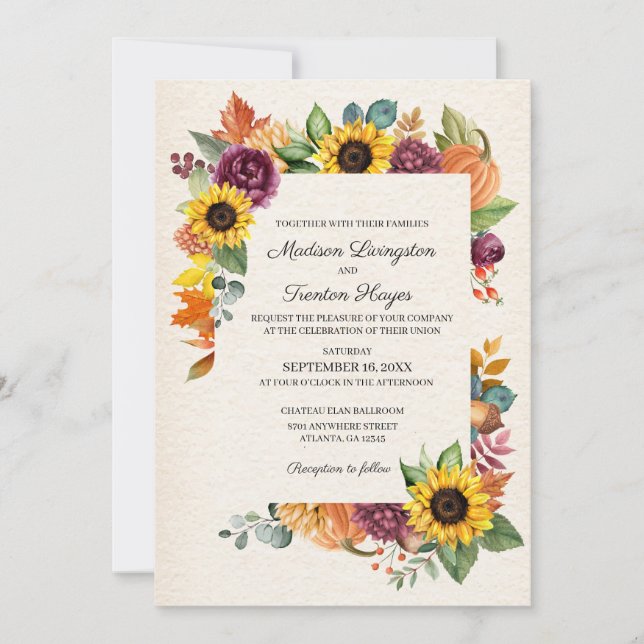 Autumn Leaves Sunflower Fall Wedding Invitation (Front)
