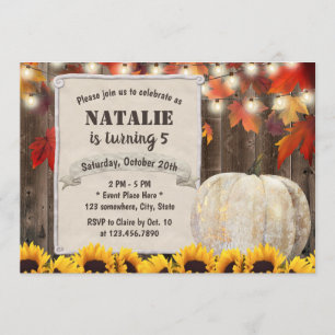 Autumn Leaves Sunflowers Pumpkin 5th Birthday Invitation