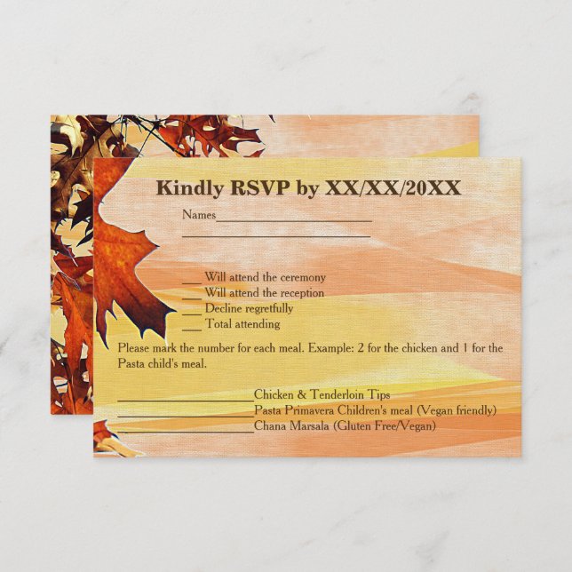 Autumn Leaves Swirl Colour Wedding RSVP Menu Card (Front/Back)