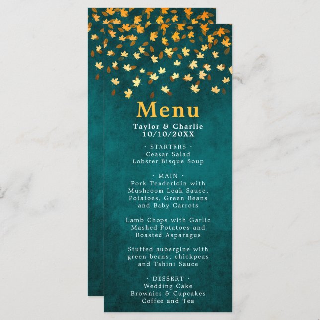 Autumn Leaves Teal Blue and Gold Wedding Menu (Front/Back)