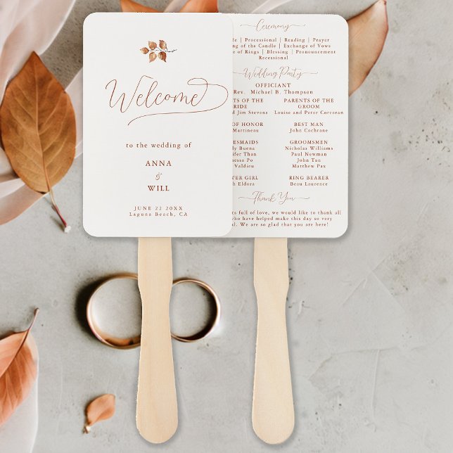 Autumn Leaves Terracotta Chic Wedding Program Hand Fan (Autumn leaves fall wedding program romantic elegant calligraphy terracotta burnt orange classy chic)