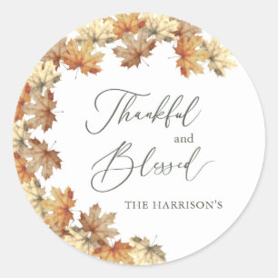 Autumn Leaves, Thankful and Blessed Favour Classic Round Sticker