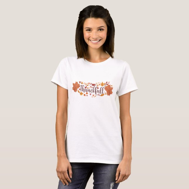 Autumn Leaves Thankfull trendy and Pumpkin T-Shirt (Front Full)