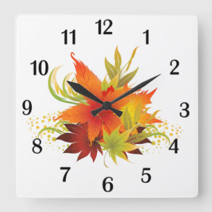 Autumn Leaves Thanksgiving Black Numbers Square Wall Clock