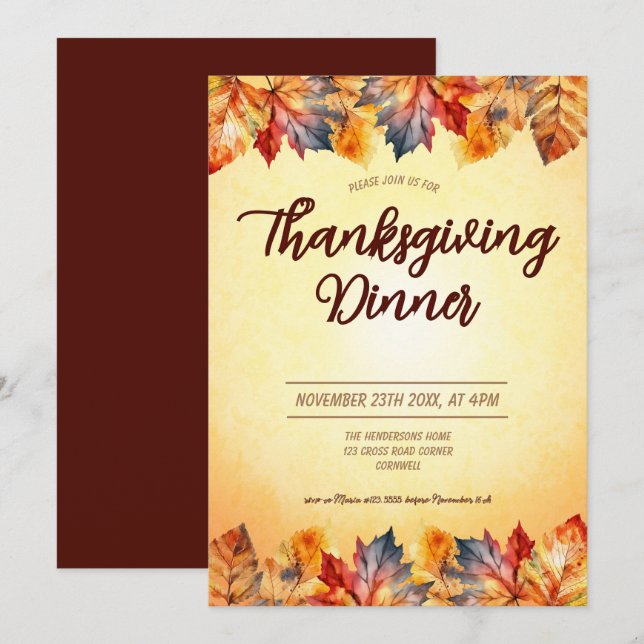 Autumn leaves Thanksgiving Dinner  Invitation (Front/Back)
