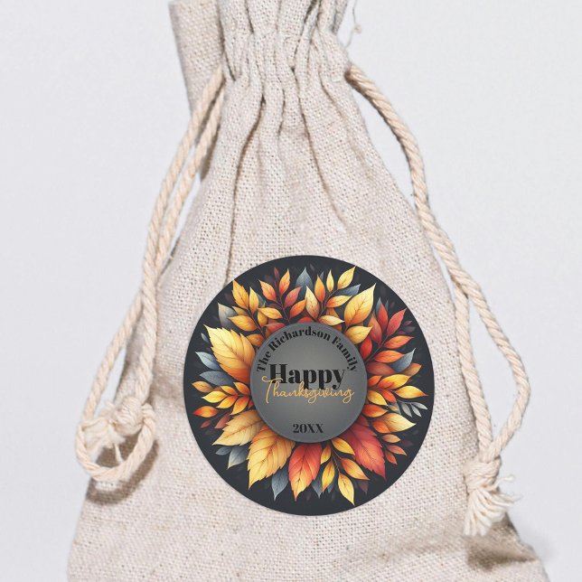 Autumn Leaves Thanksgiving Family Name and Year Classic Round Sticker (Creator Uploaded)