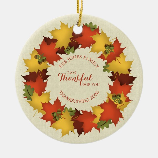 Autumn Leaves Thanksgiving Wreath Ceramic Tree Decoration (Front)